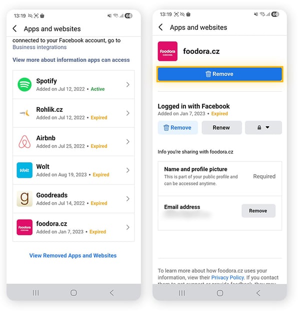 Removing connected third-party apps and websites from your Facebook settings.