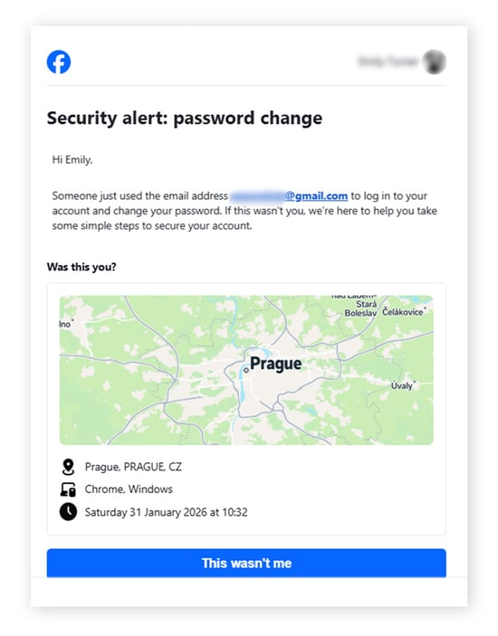 Security alert email from Facebook