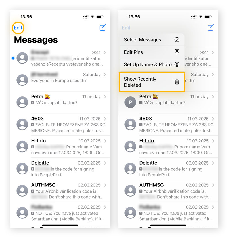 Locating Recently Deleted messages in the iOS Messages app.