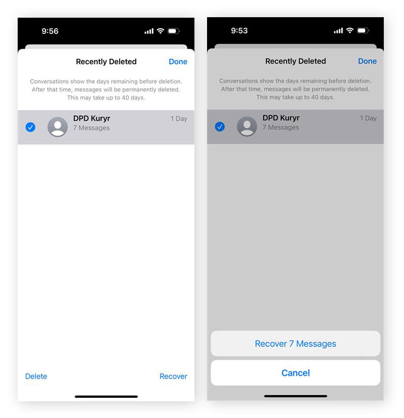 Recovering Recently Deleted messages in the iOS Messages app.