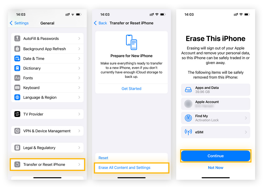 Erasing an iPhone to recover deleted messages via an iCloud backup.