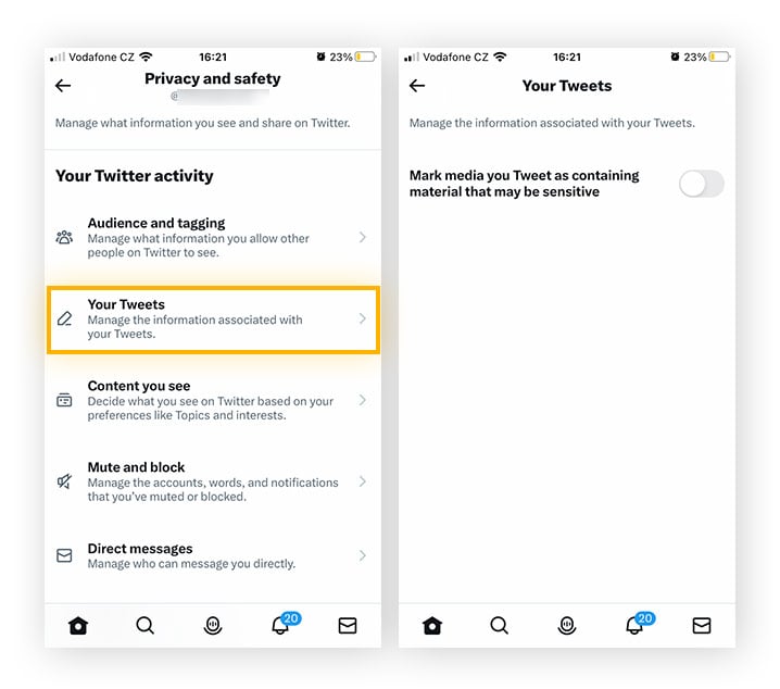 Mude ajustes do Twitter e Exibir conteúdo sensível