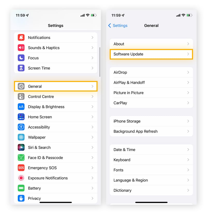 Accessing the Software Update section in an iPhones settings.