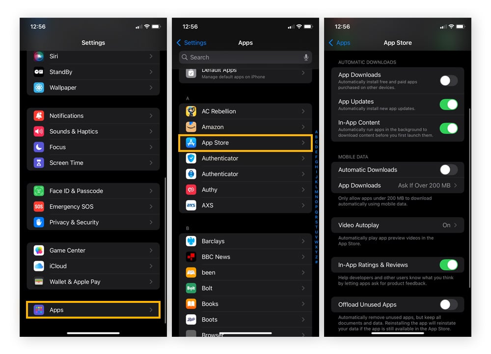 Turning off automatic app downloads in the App Store settings on an iPhone.