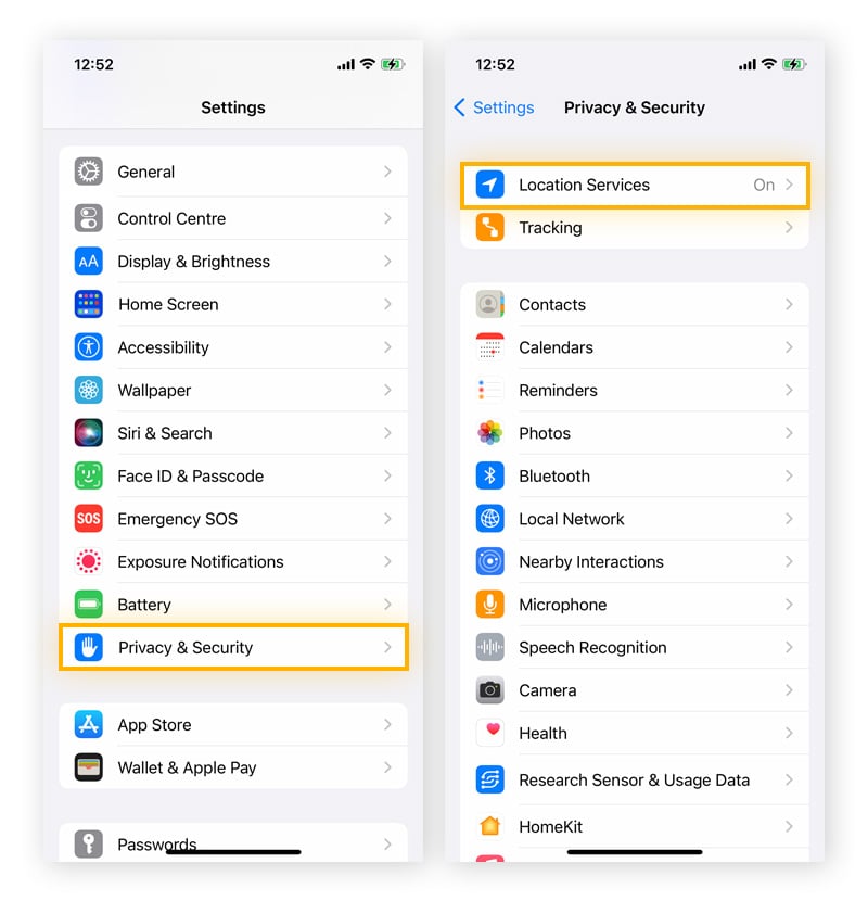 Locating the Location Services section on an iPhone.