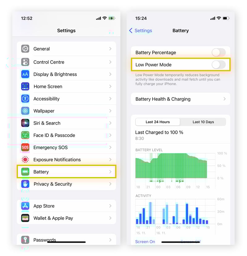 Turning off Low Power Mode within iPhone settings.