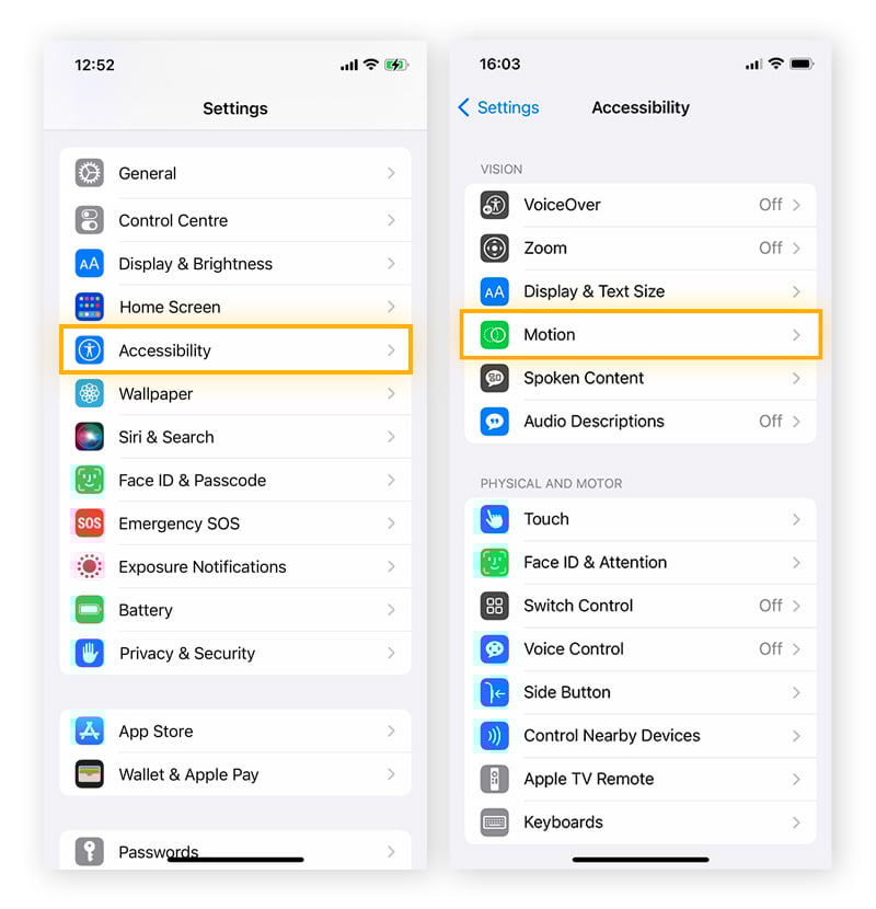 The Accessibility and Motion settings on an iPhone.