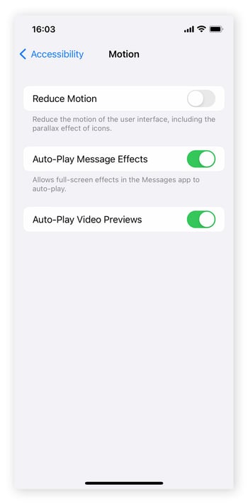 Toggling Reduce Motion off on an iPhone.
