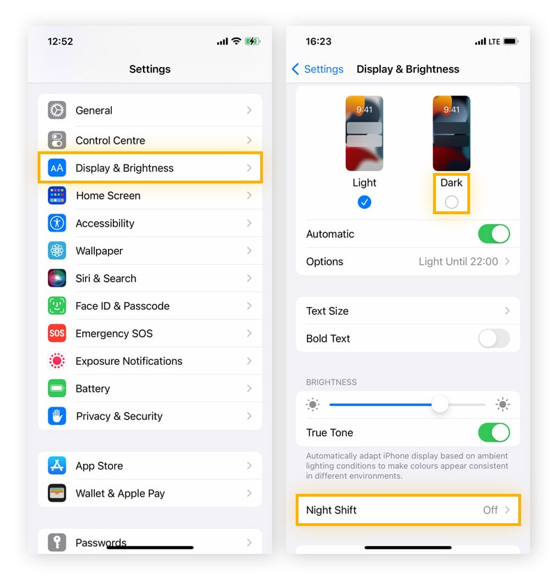 Turning on Dark mode and Night Shift on an iPhone.