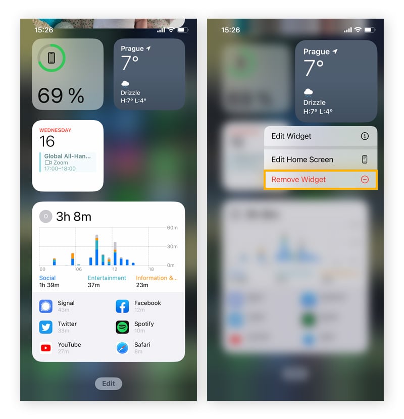 Deleting a widget on an iPhone.