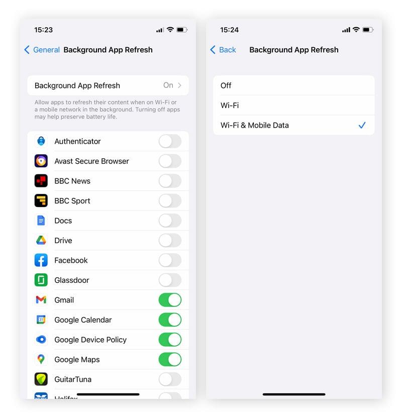 Toggling off Background App Refresh for individual apps on an iPhone.
