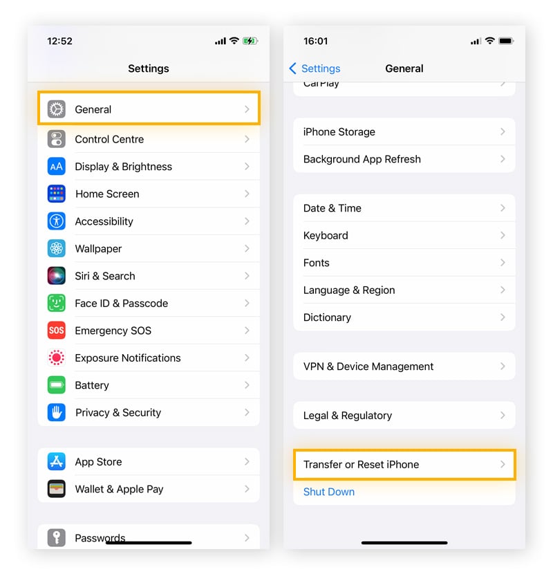 The Transfer or Reset iPhone section in the General settings on iPhone.