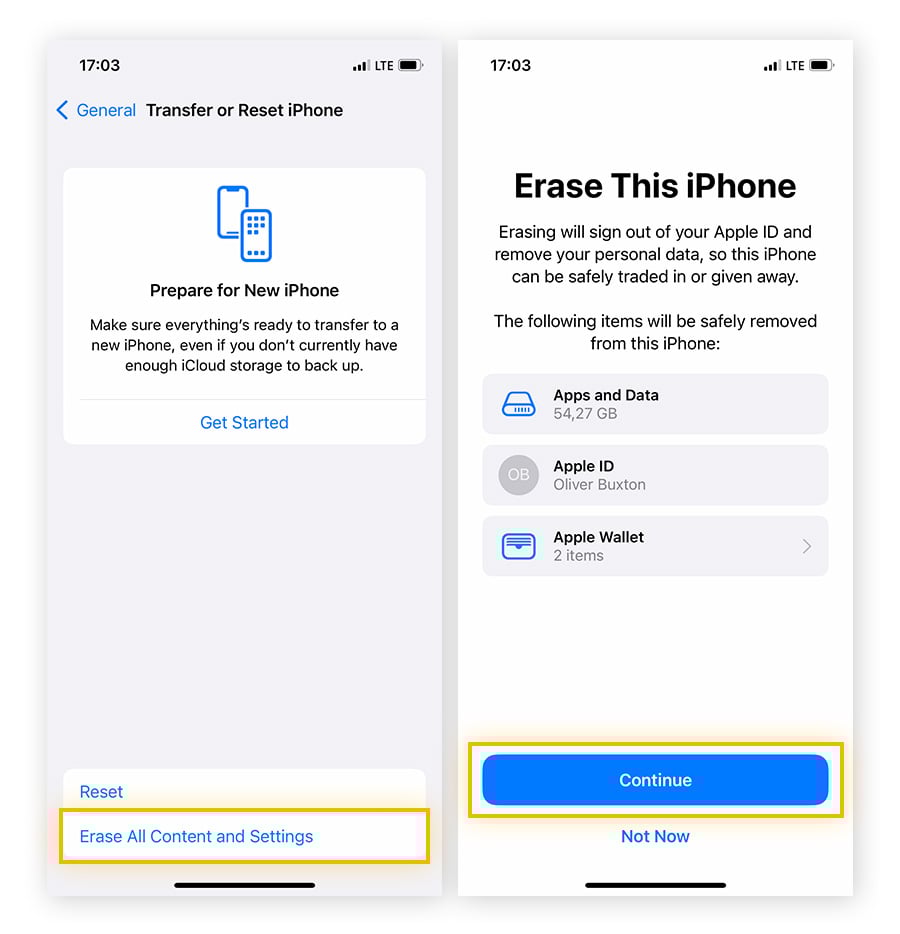 Performing a factory reset on an iPhone in the settings.