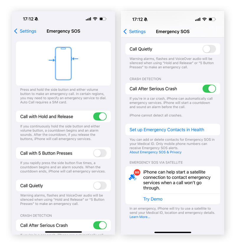 Emergency SOS options on iPhone 16.