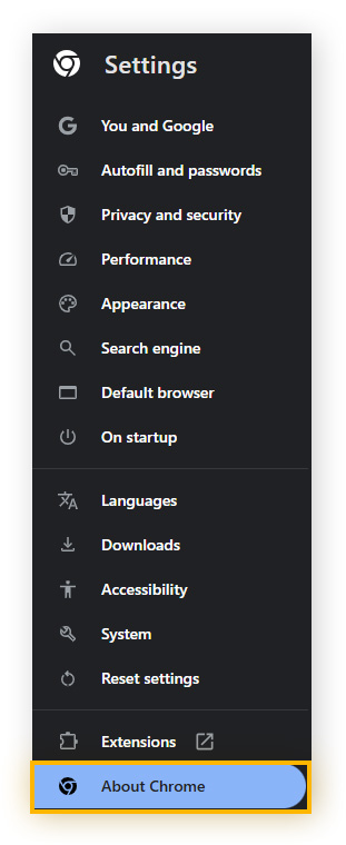 To check for Google Chrome updates, go to Settings, then About Chrome.