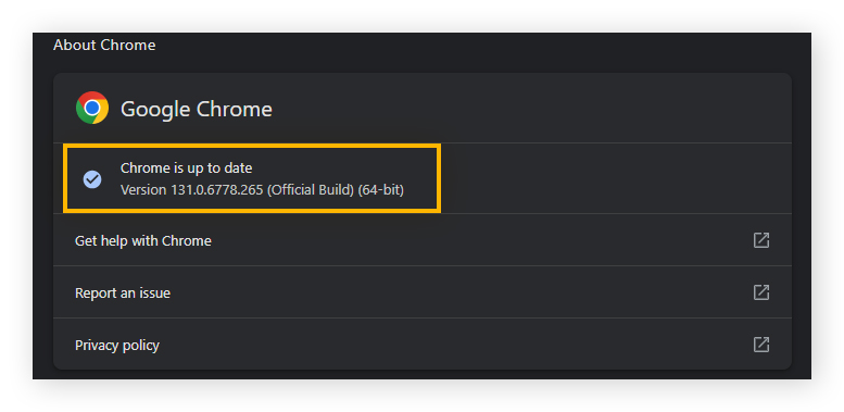 The About Chrome screen in Google Chrome.