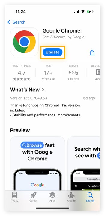 Checking for Google Chrome updates in the App Store.