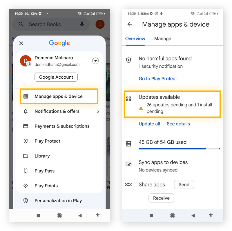 Checking for Google Chrome updates on Android in the Play Store.
