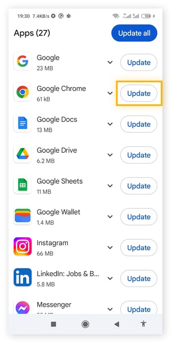 The App update screen in Play Store.