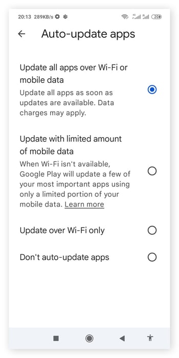 The Auto-update apps screen in Play Store.