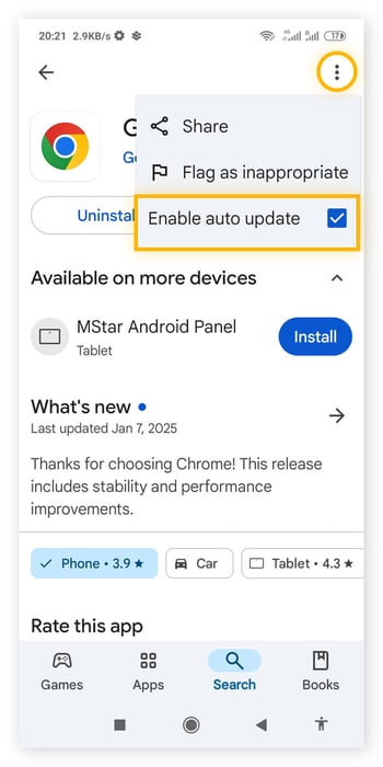 Enabling auto update for Google Chrome in the Play Store.