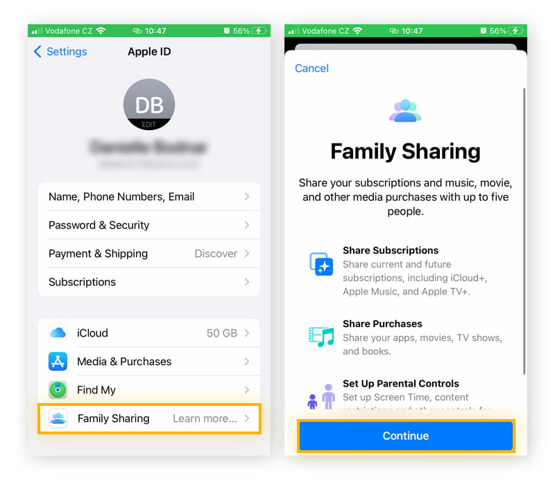 The Family Sharing screen on iPhone, which allows Apple users to share subscriptions and purchases more easily with family members.