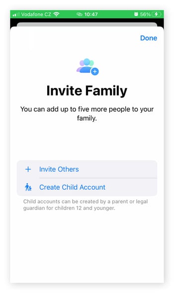 The Invite Family screen on iPhone, where you can invite other family members to join and set up a child account.