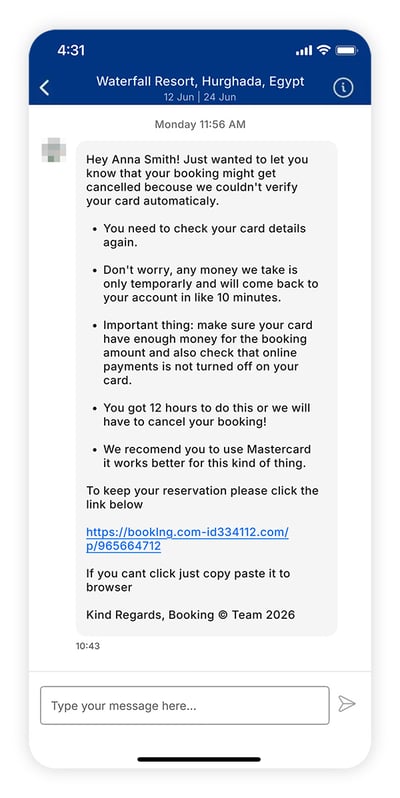 A screenshot of a Booking.com reservation hijack scam phishing message.
