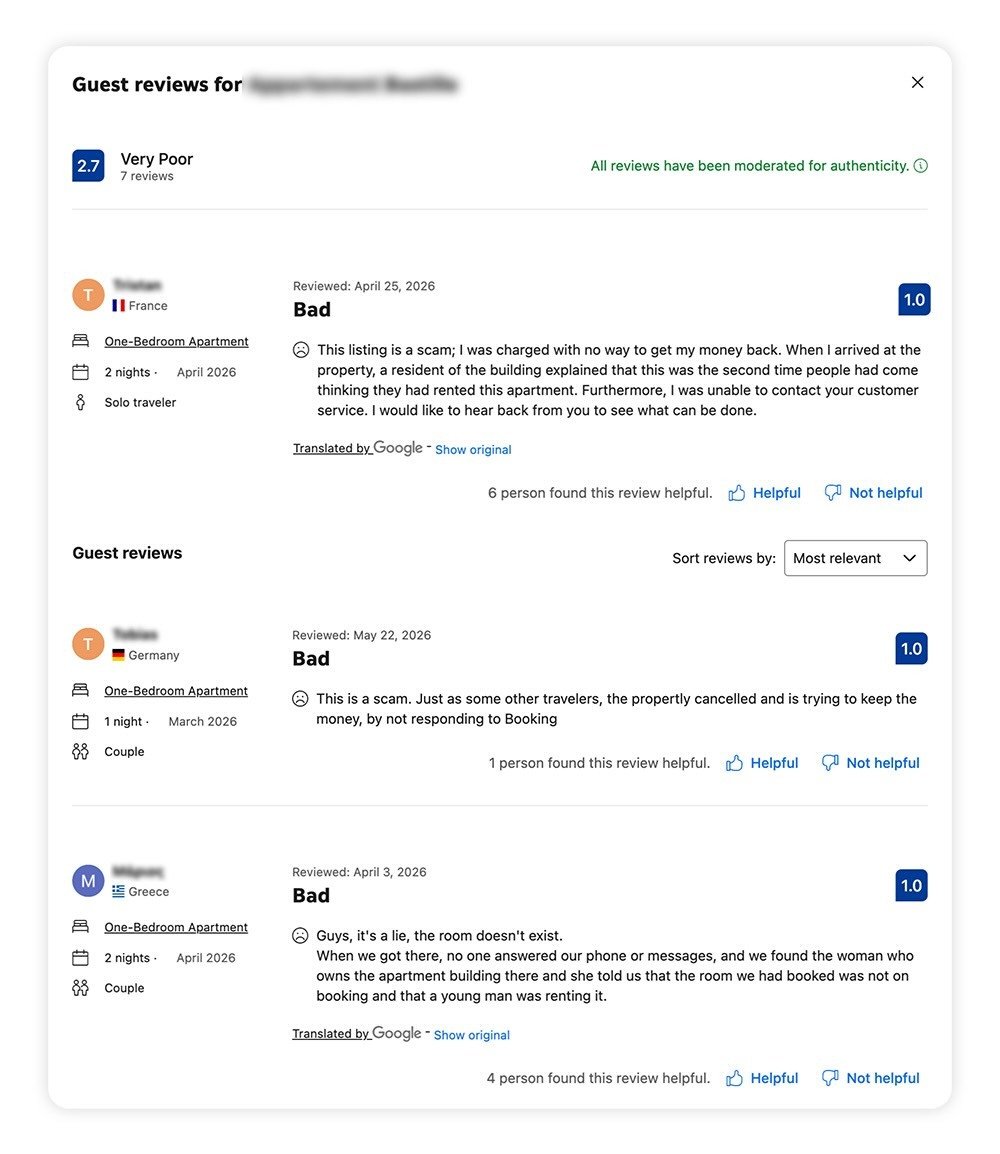 A screenshot of Booking.com reviews complaining about a fake listing scam.