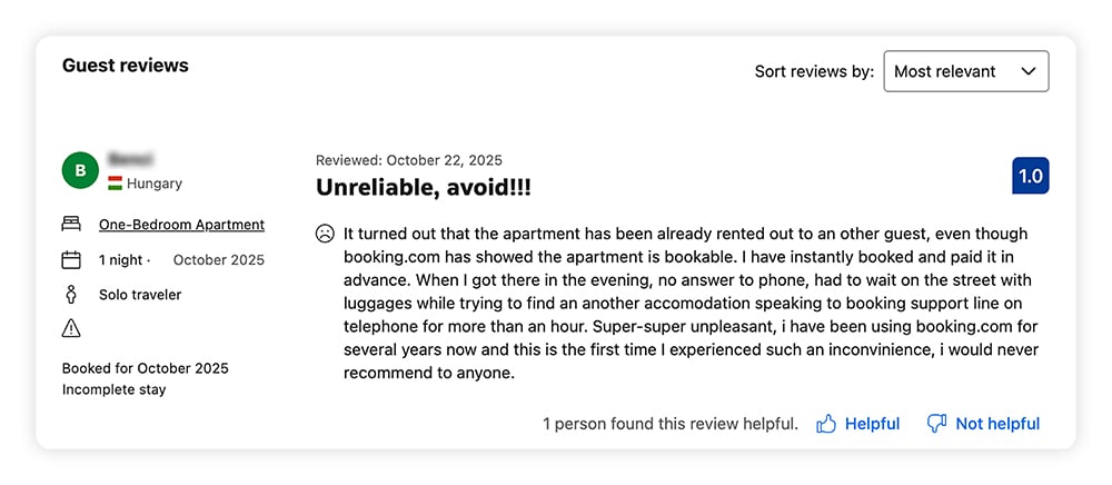 A screenshot of a Booking.com review complaining about a cancelled reservation.