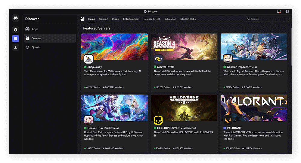 Featured servers on the Discord site.