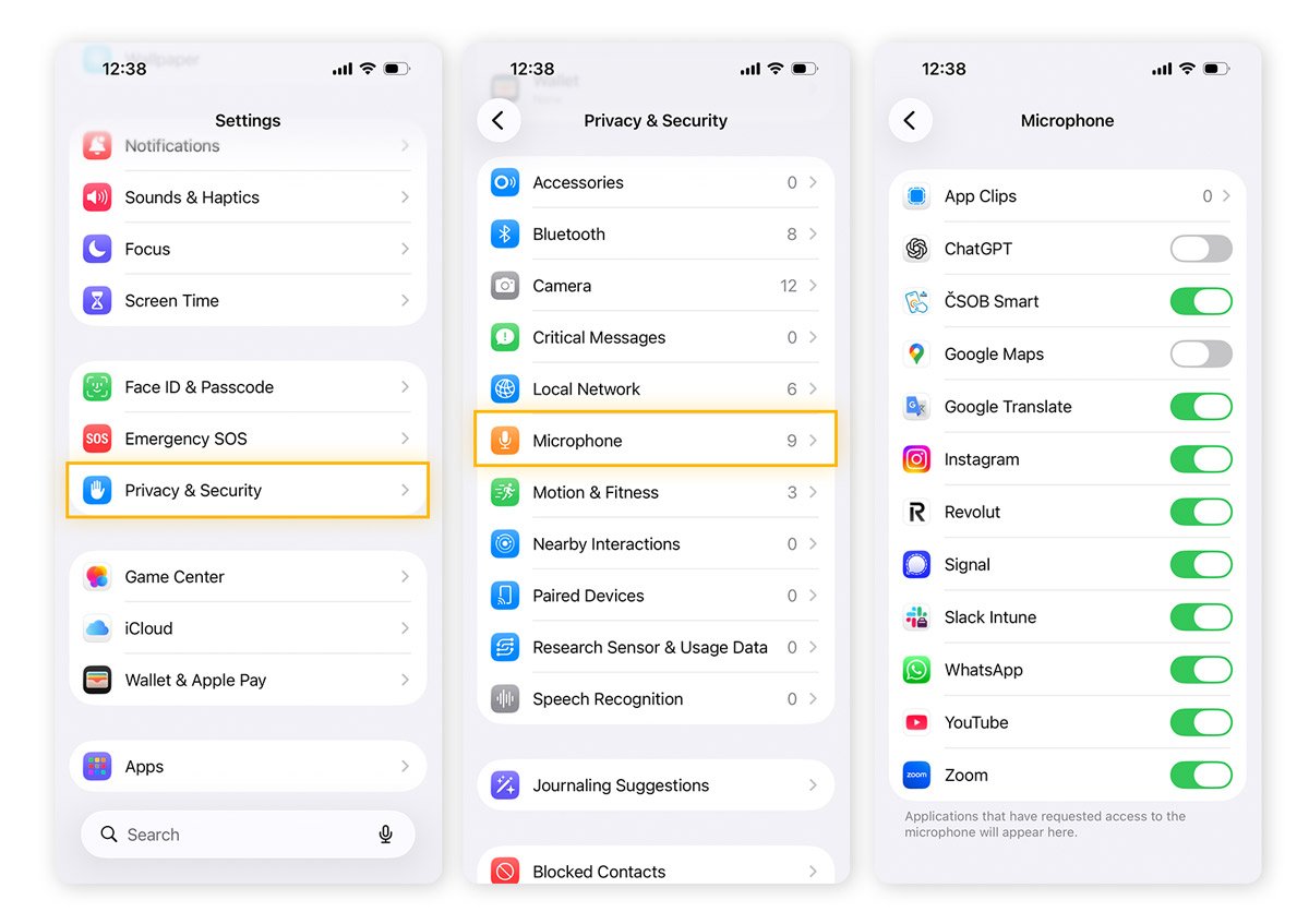 Adjusting iPhone microphone access in iOS 26 Privacy & Security Settings.