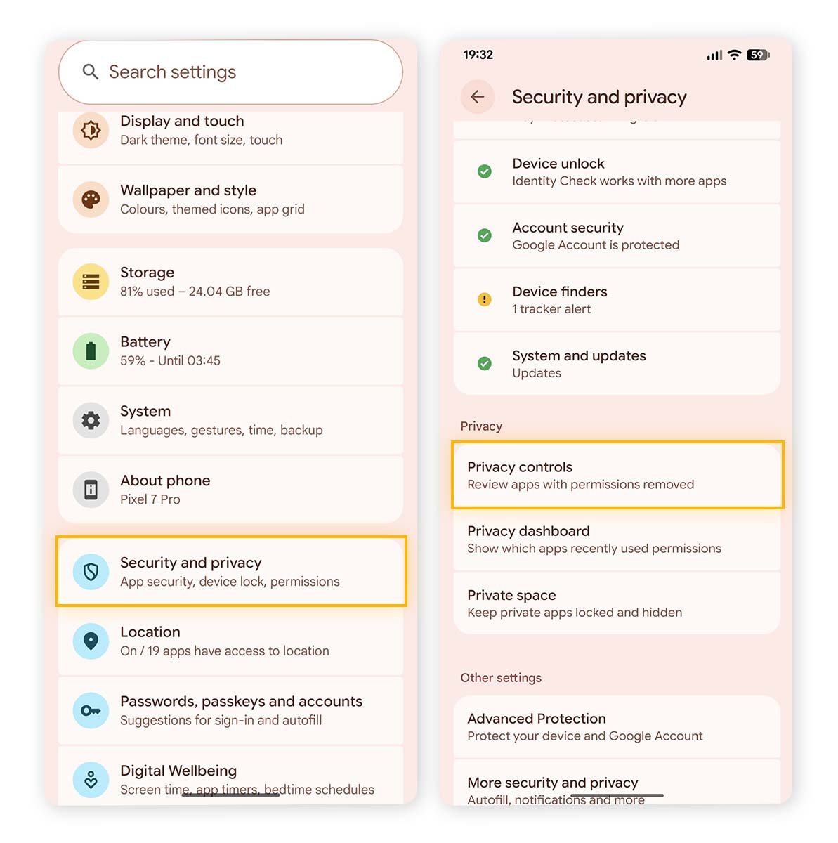 Settings menu showing the Security and privacy option with Privacy controls.
