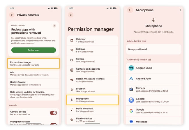 Within the Permission manager, Microphone has been selected to show a list of apps with mic access.