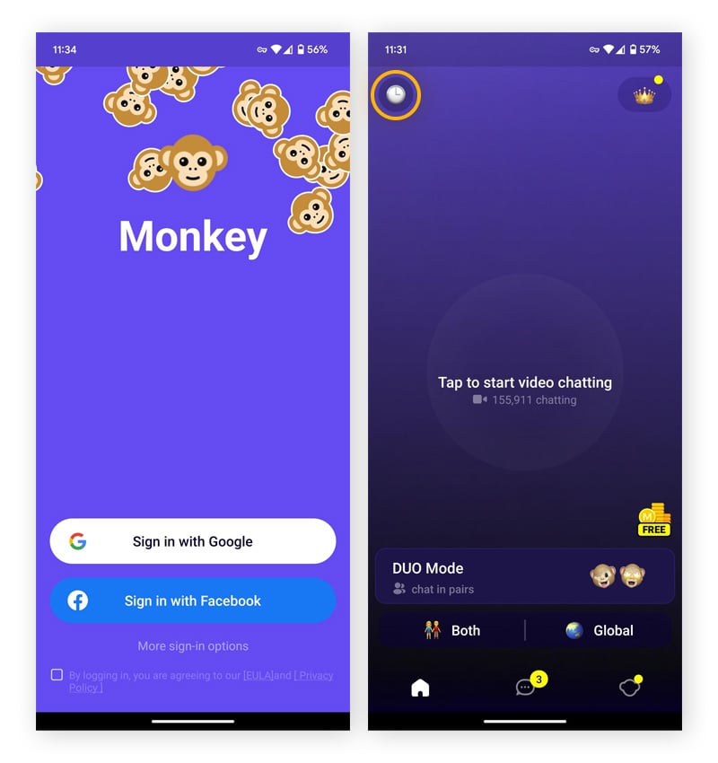 The Monkey app interface, where you can chat to strangers on a video call.
