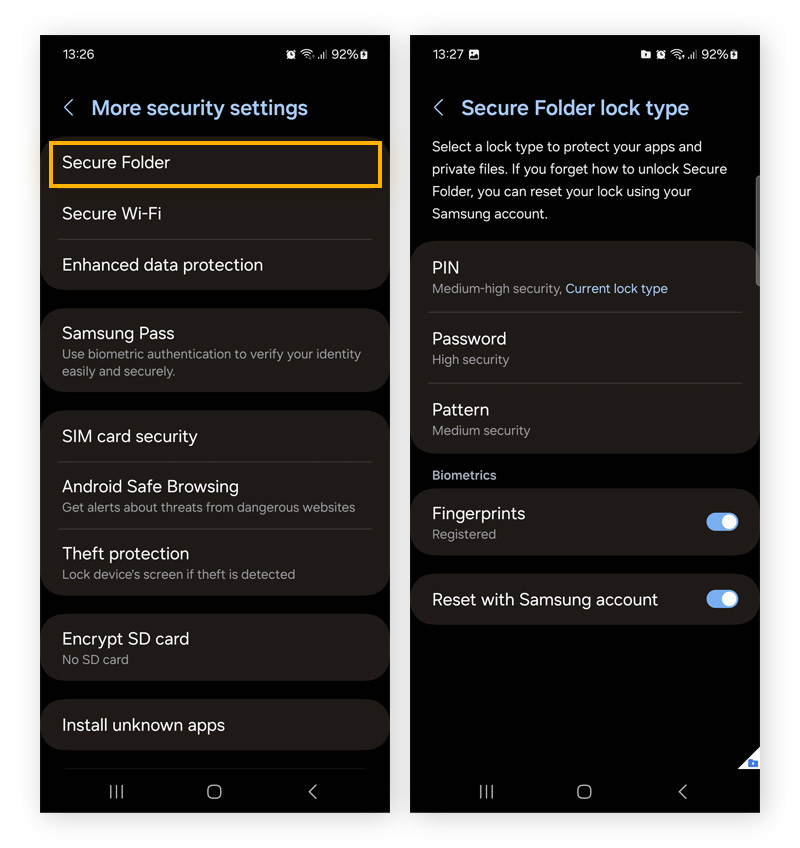 Ajustes de Carpeta Segura en un móvil Samsung