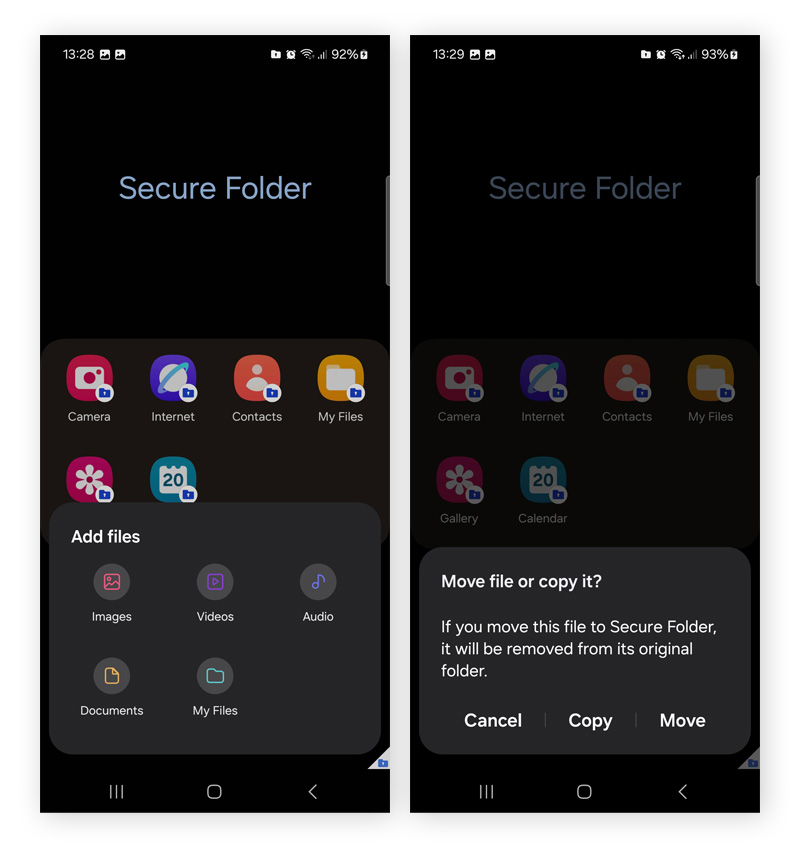 Add files to Samsung secure folder.