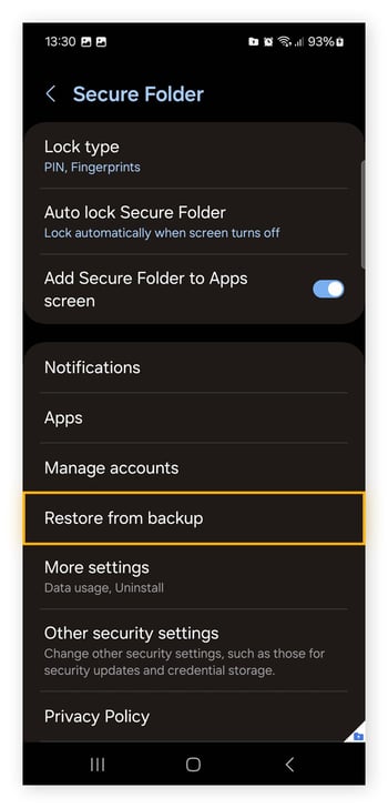 How to restore data to Samsung secure folder.