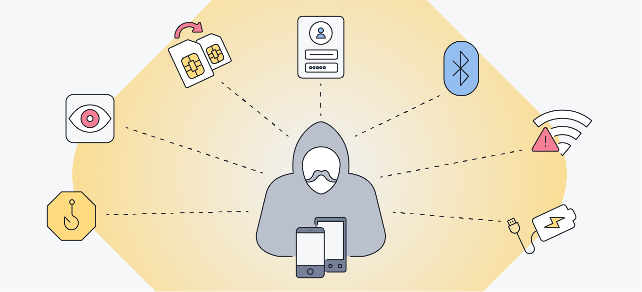 A illustration showing the different ways a hacker can hack your phone.