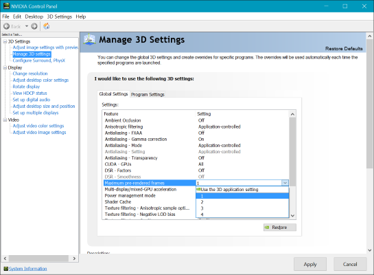 Gestione delle impostazioni 3D nel pannello di controllo di NVIDIA.