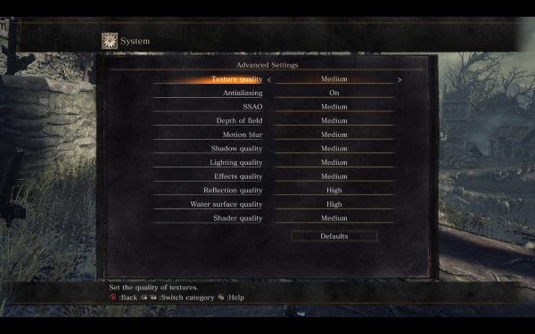 Il menu delle impostazioni grafiche avanzate in Dark Souls 3.