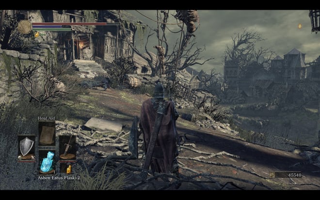 Uma captura de tela da jogabilidade do Dark Souls 3 com a qualidade de Sombra definida como Máxima.