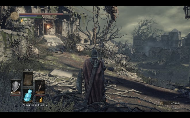 Uma captura de tela da jogabilidade do Dark Souls 3 com a qualidade de Sombra definida como Média.