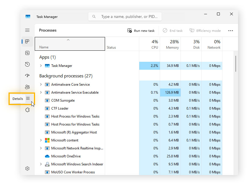 An image of the Windows Task Manager with the Details tab highlighted.