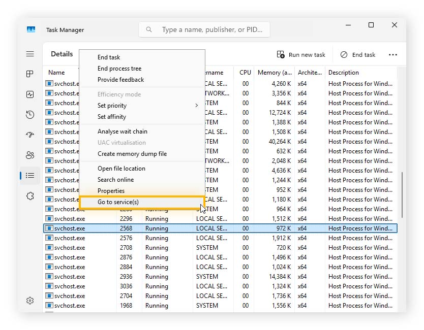 An image of the right-click menu of an svchost.exe process in the Windows Task Manager.