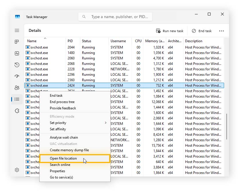 An image of the right-click menu of an svchost.exe process in the task manager window.
