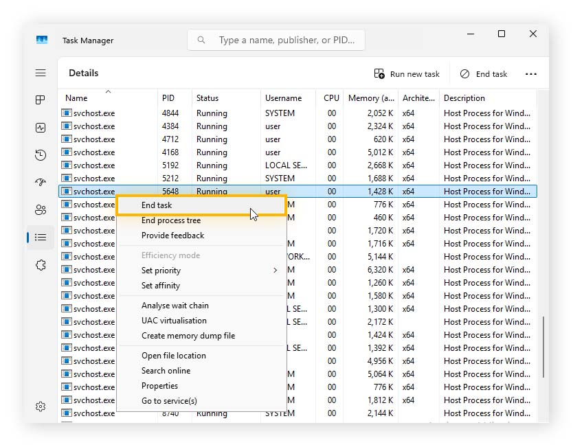 Right-click the svchost.exe virus, then choose end task.