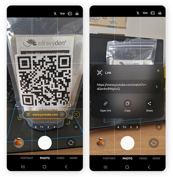 Screenshots of a camera app previewing a QR code's URL and displaying the full URL.