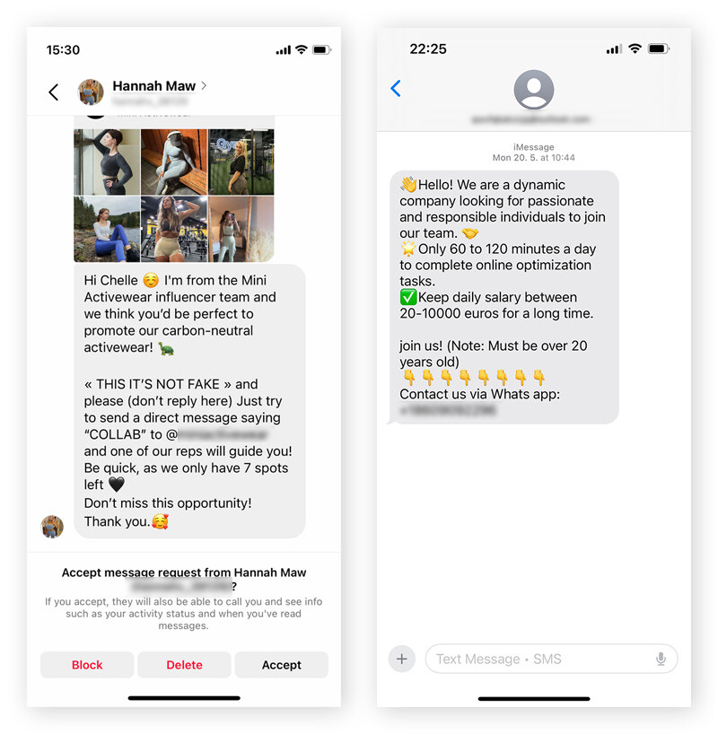 An example of a spam message sent over Instagram and SMS.