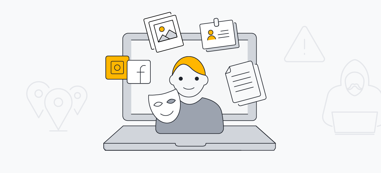 An unmasked man surrounded by icons that represent personal information, symbolizing doxxing.